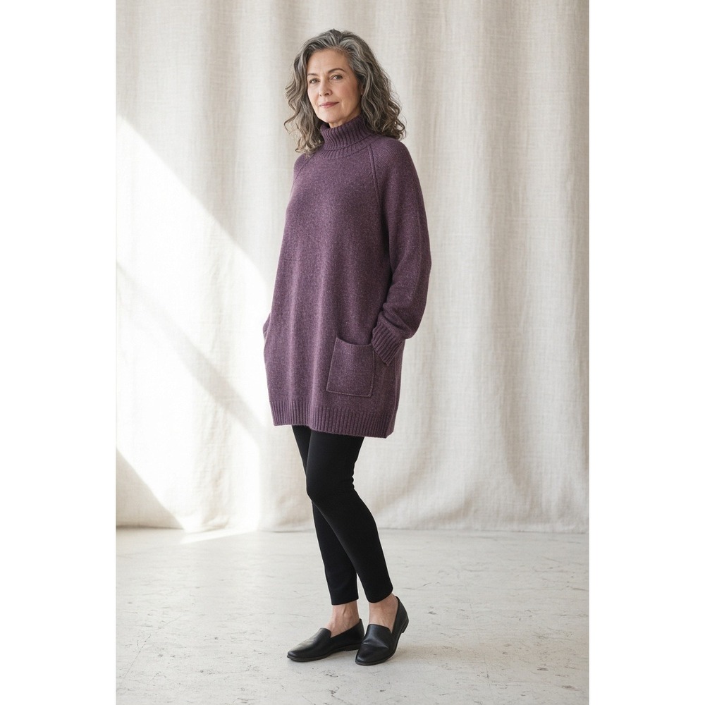 Eileen Fisher Woman 2X Merino Wool Turtleneck Tunic Sweater Purple Single Pocket